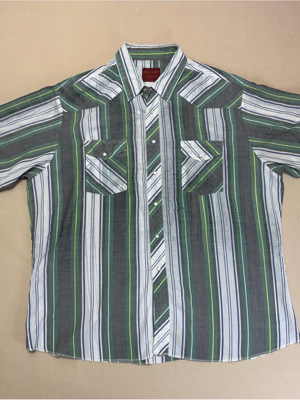 Rustler Green & White Striped Western Pearl Snap Short Sleeve Button-Down Shirt